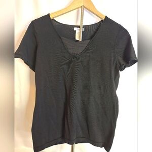 East 5th Black Textured Short Sleeve Top with Pleated V-Neck Detail | Size Med